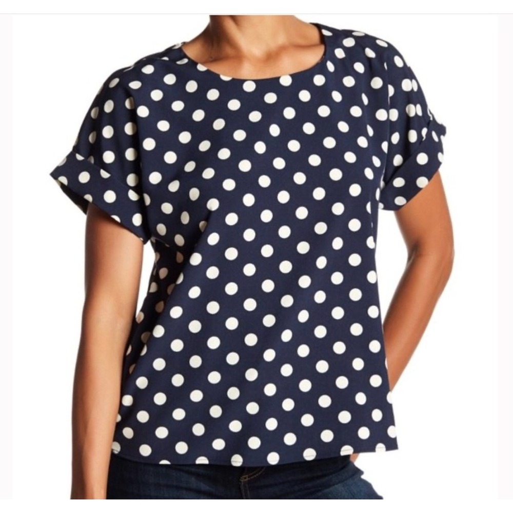 MELLODAY Navy Blue White Polka Dot Short Sleeve Blouse